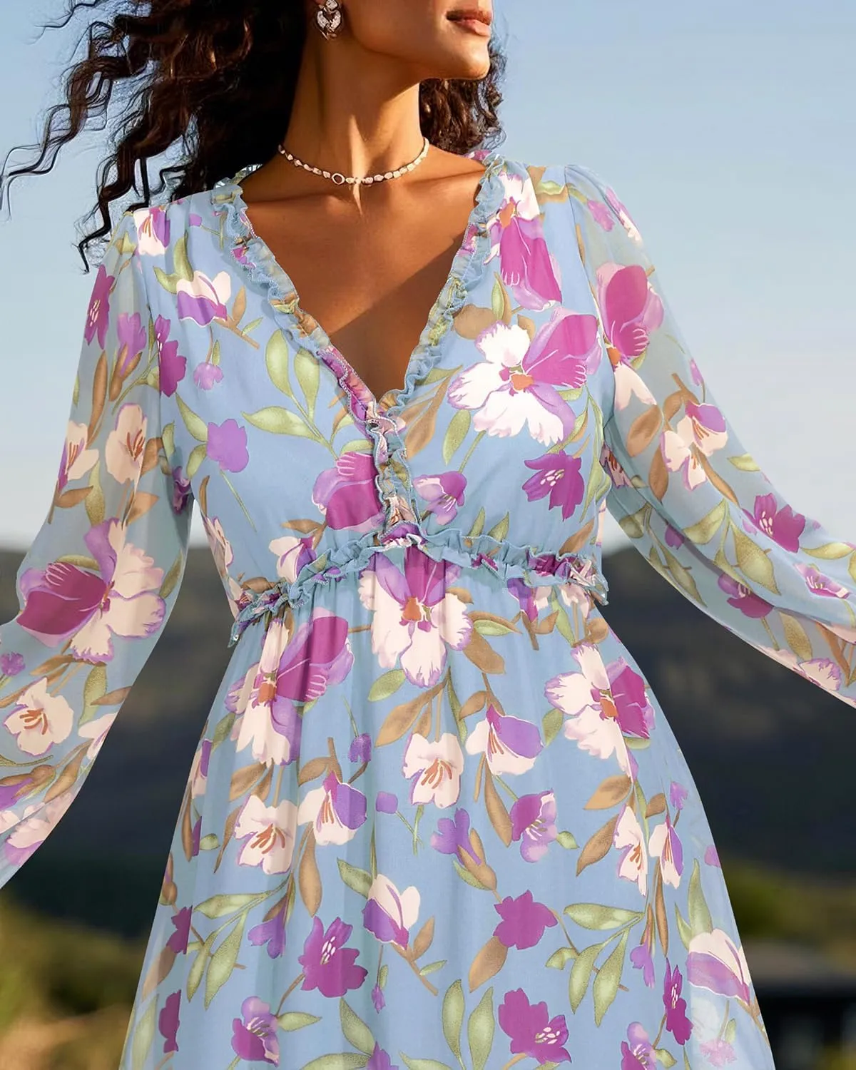 Pinup Fashion Fall Long Sleeve Maxi Dress - Casual Boho Chiffon Deep V Neck Long Flowy Dresses
