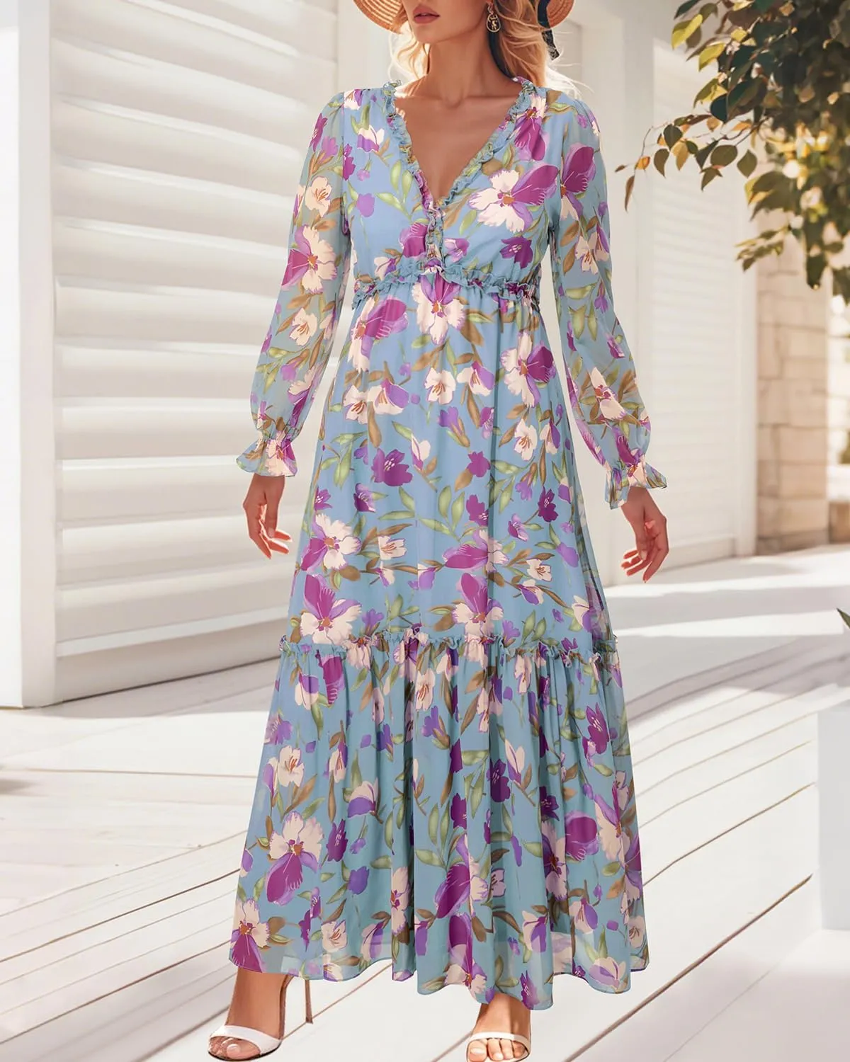 Pinup Fashion Fall Long Sleeve Maxi Dress - Casual Boho Chiffon Deep V Neck Long Flowy Dresses