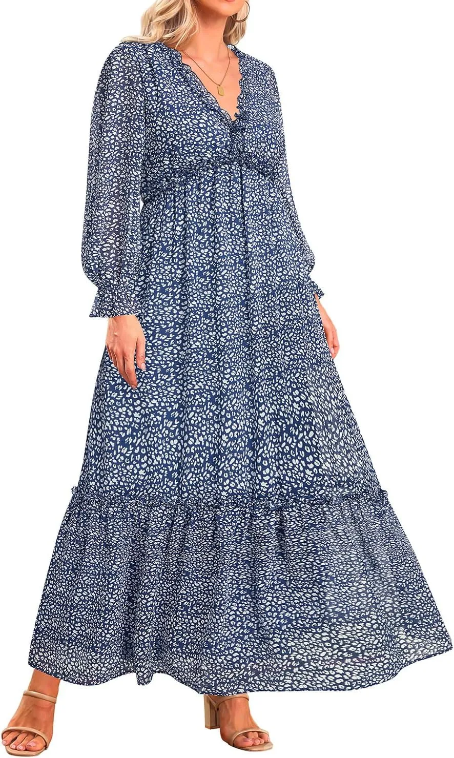 Pinup Fashion Fall Long Sleeve Maxi Dress - Casual Boho Chiffon Deep V Neck Long Flowy Dresses