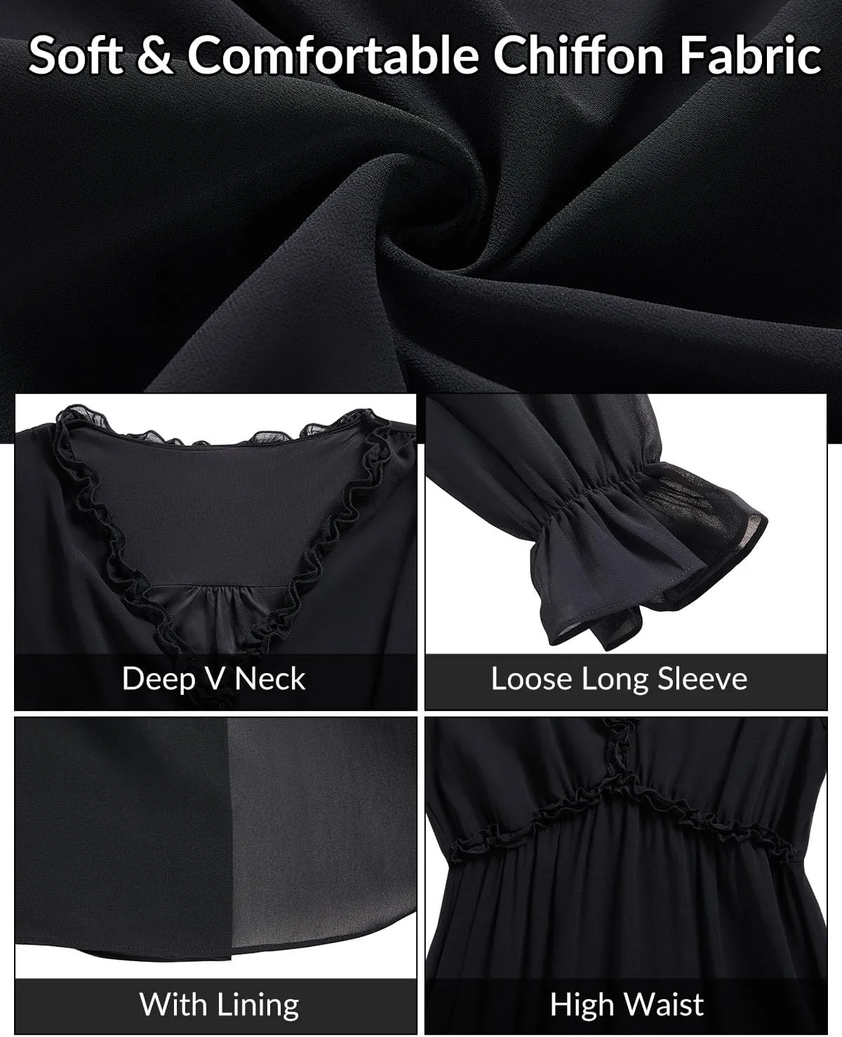 Pinup Fashion Fall Long Sleeve Maxi Dress - Casual Boho Chiffon Deep V Neck Long Flowy Dresses