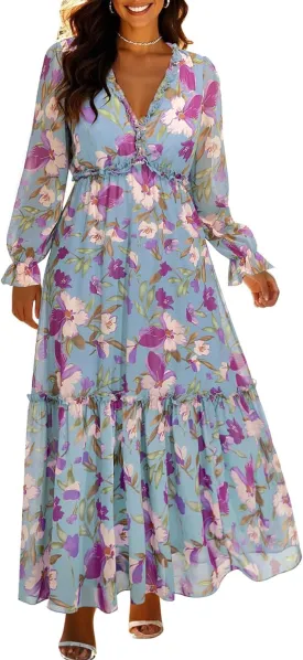 Pinup Fashion Fall Long Sleeve Maxi Dress - Casual Boho Chiffon Deep V Neck Long Flowy Dresses