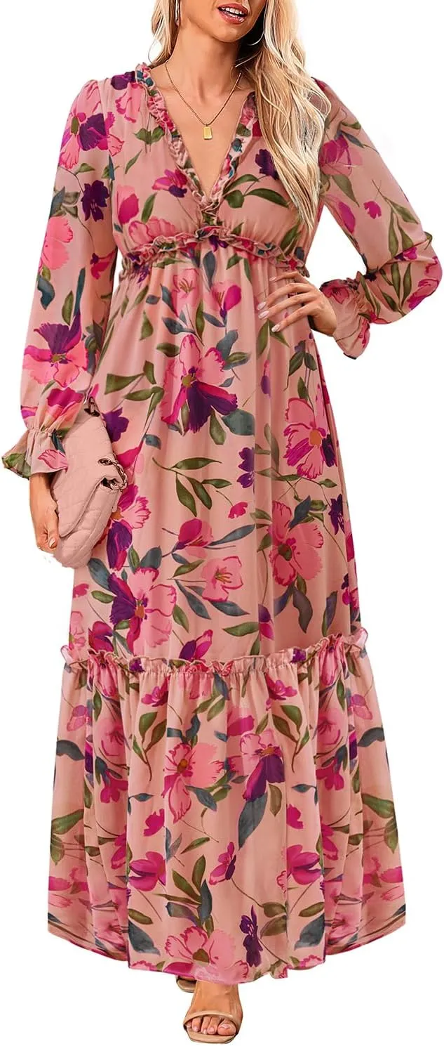 Pinup Fashion Fall Long Sleeve Maxi Dress - Casual Boho Chiffon Deep V Neck Long Flowy Dresses