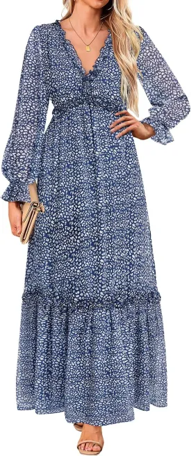 Pinup Fashion Fall Long Sleeve Maxi Dress - Casual Boho Chiffon Deep V Neck Long Flowy Dresses