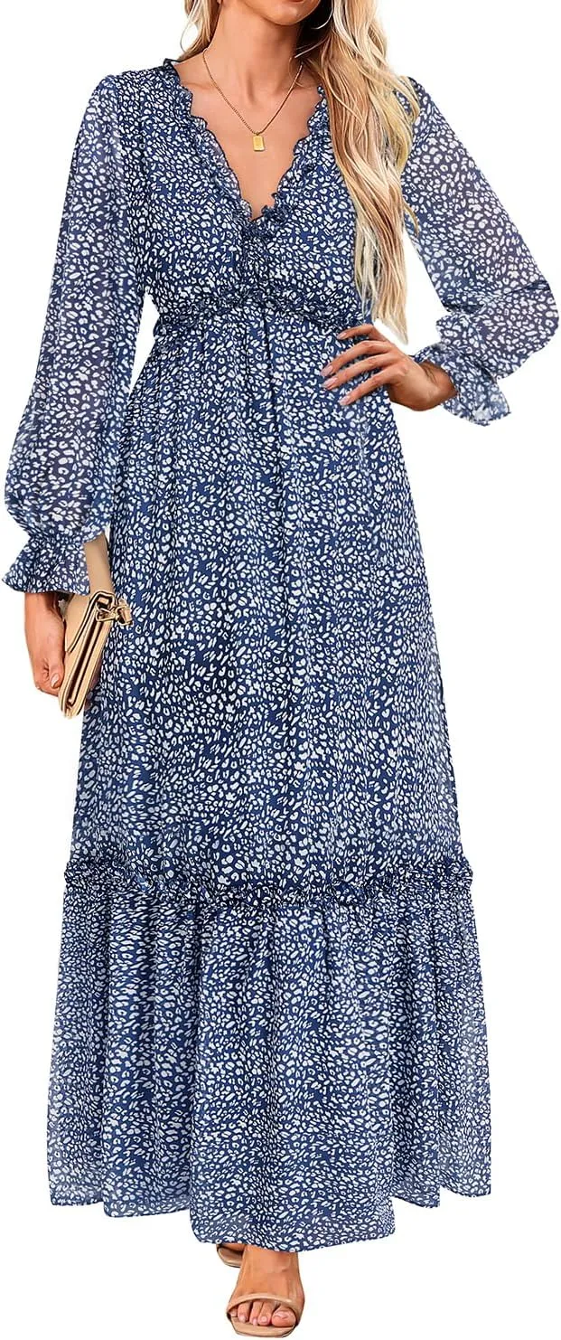 Pinup Fashion Fall Long Sleeve Maxi Dress - Casual Boho Chiffon Deep V Neck Long Flowy Dresses