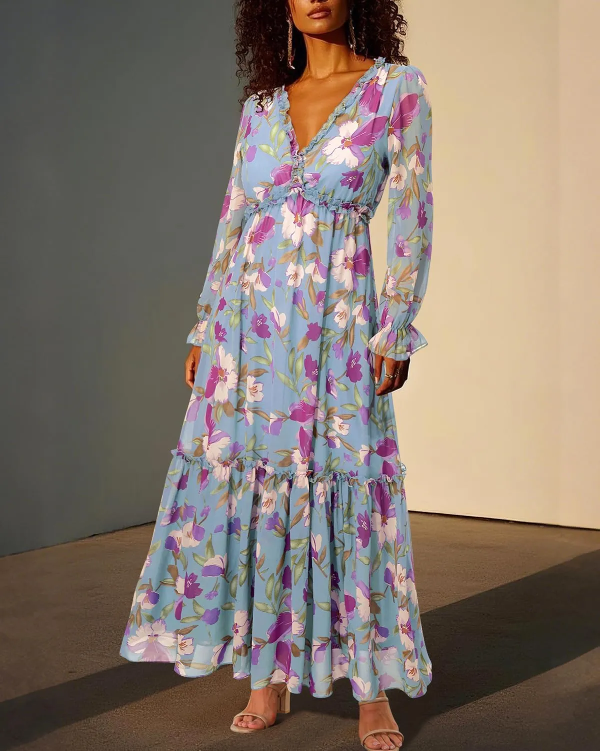 Pinup Fashion Fall Long Sleeve Maxi Dress - Casual Boho Chiffon Deep V Neck Long Flowy Dresses