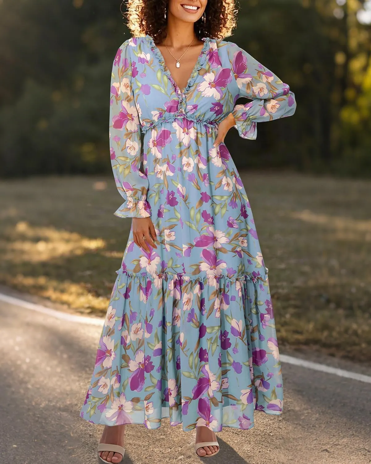 Pinup Fashion Fall Long Sleeve Maxi Dress - Casual Boho Chiffon Deep V Neck Long Flowy Dresses