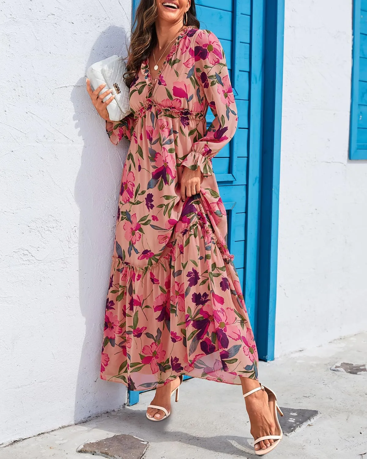 Pinup Fashion Fall Long Sleeve Maxi Dress - Casual Boho Chiffon Deep V Neck Long Flowy Dresses
