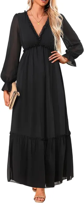 Pinup Fashion Fall Long Sleeve Maxi Dress - Casual Boho Chiffon Deep V Neck Long Flowy Dresses