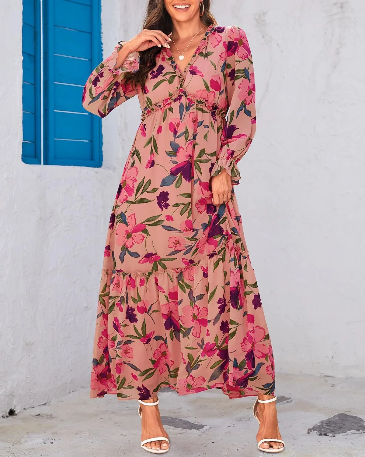 Pinup Fashion Fall Long Sleeve Maxi Dress - Casual Boho Chiffon Deep V Neck Long Flowy Dresses