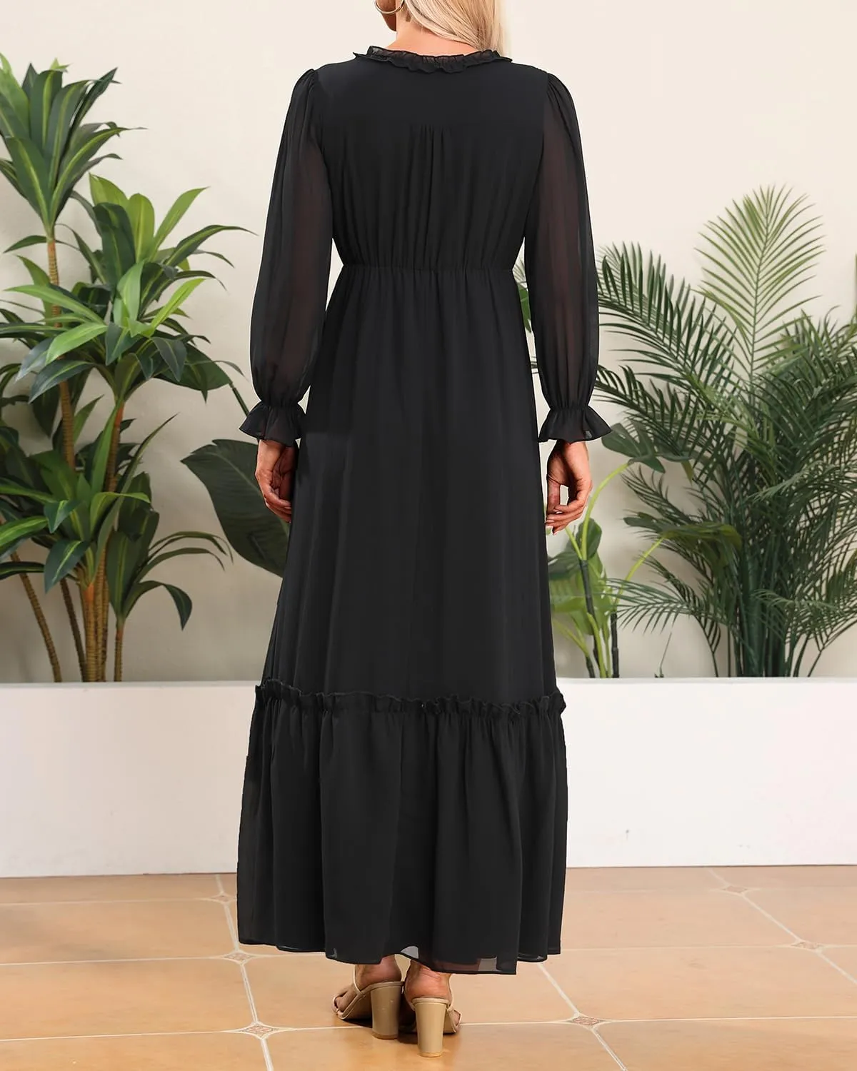Pinup Fashion Fall Long Sleeve Maxi Dress - Casual Boho Chiffon Deep V Neck Long Flowy Dresses