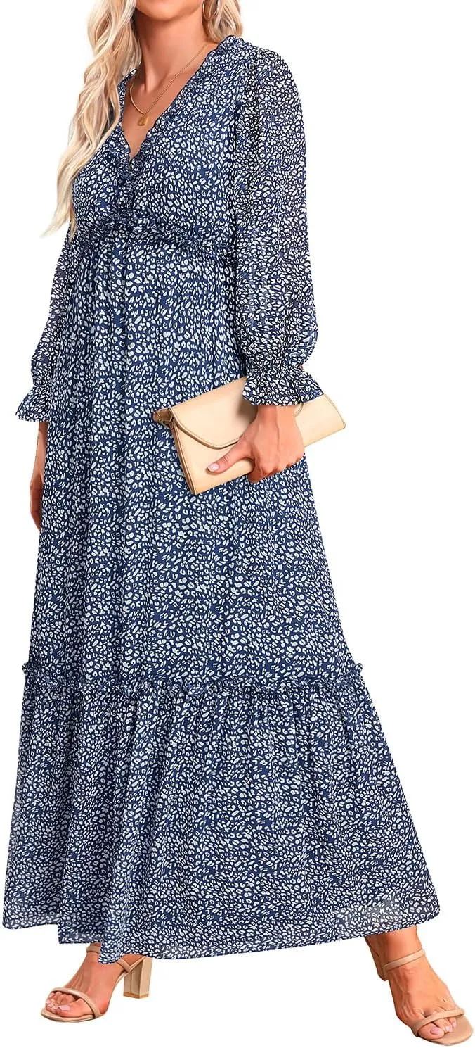 Pinup Fashion Fall Long Sleeve Maxi Dress - Casual Boho Chiffon Deep V Neck Long Flowy Dresses
