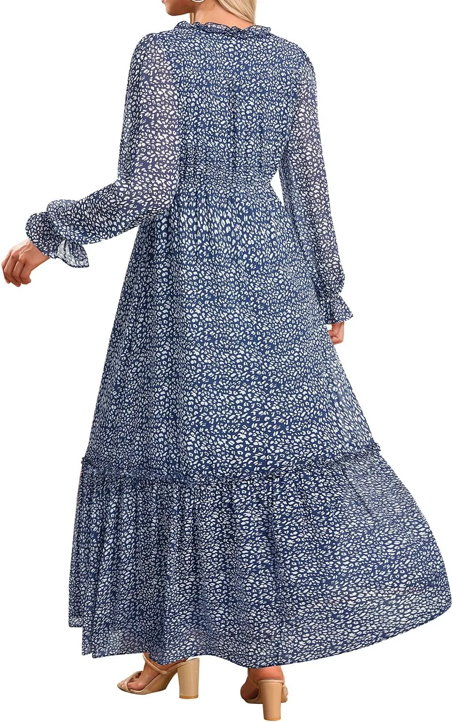 Pinup Fashion Fall Long Sleeve Maxi Dress - Casual Boho Chiffon Deep V Neck Long Flowy Dresses