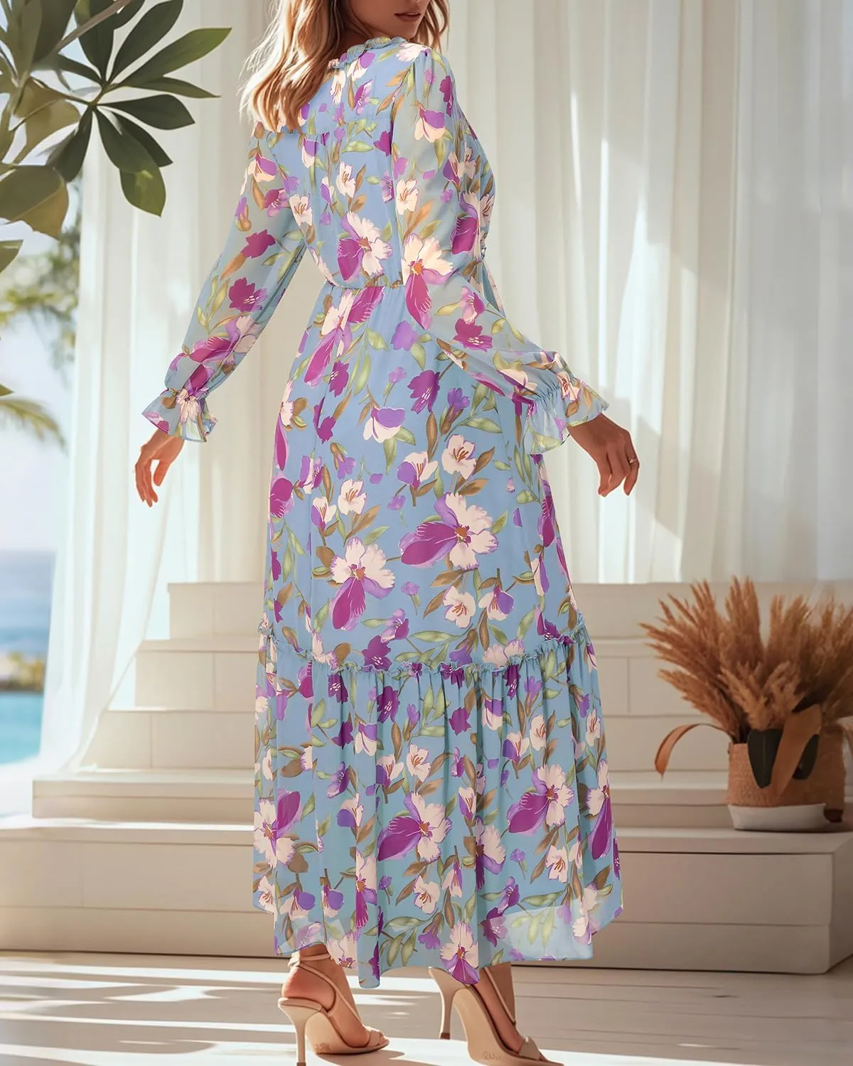 Pinup Fashion Fall Long Sleeve Maxi Dress - Casual Boho Chiffon Deep V Neck Long Flowy Dresses