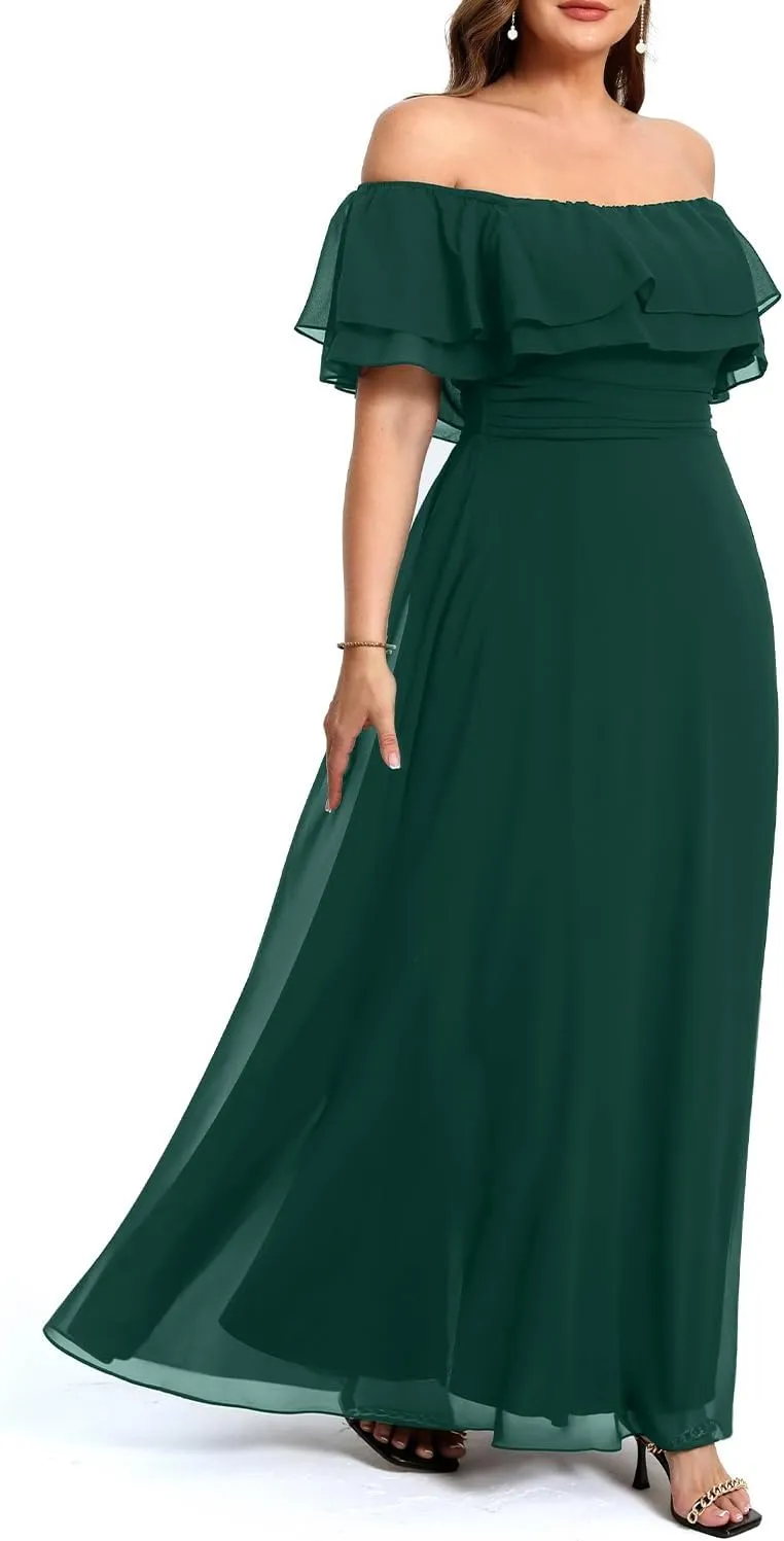 Pinup Fashion Women's Bridesmaid Dresses for Wedding Plus Size Formal Off The Shoulder Chiffon Maxi Dresses