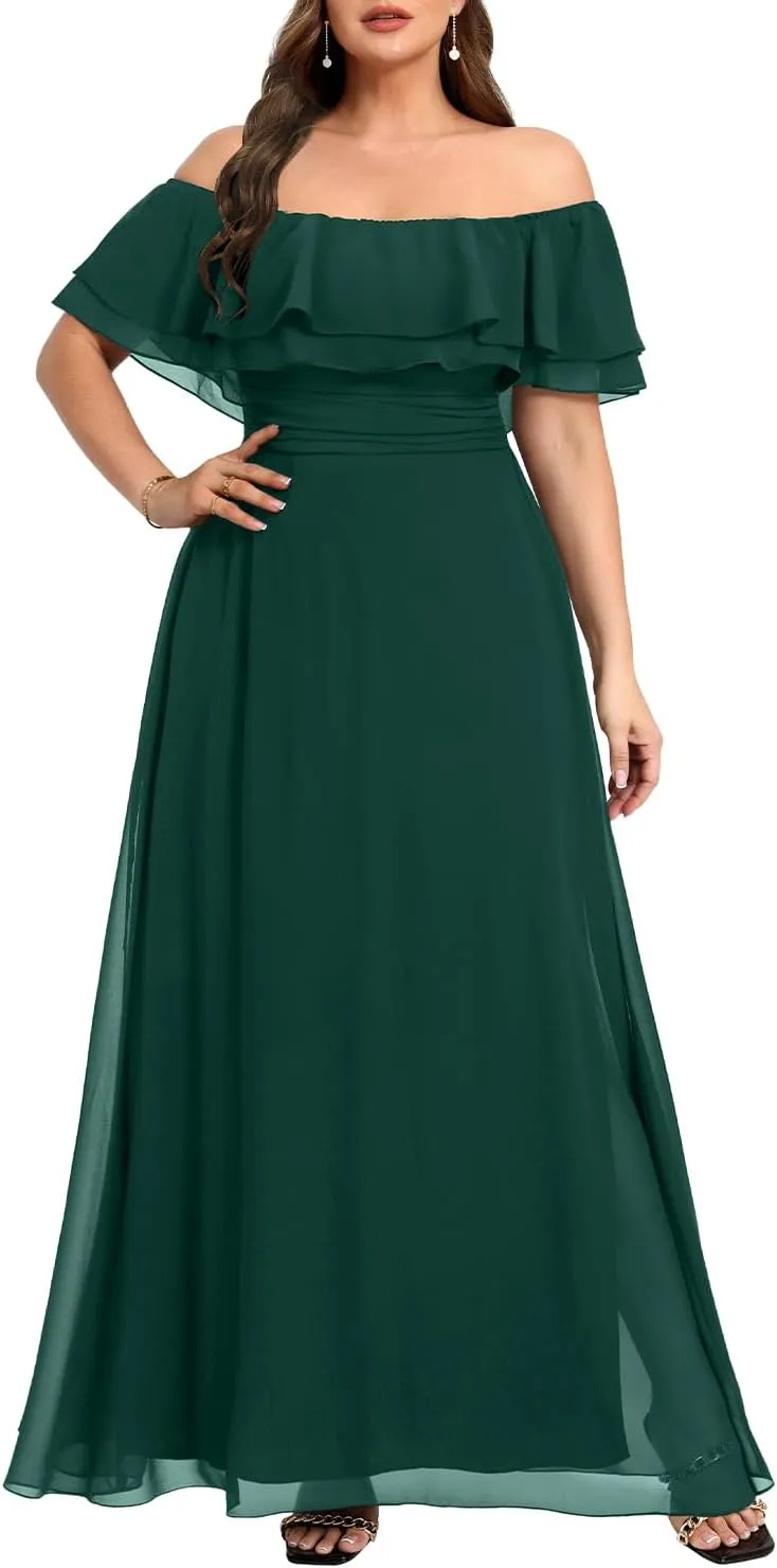 Pinup Fashion Women's Bridesmaid Dresses for Wedding Plus Size Formal Off The Shoulder Chiffon Maxi Dresses