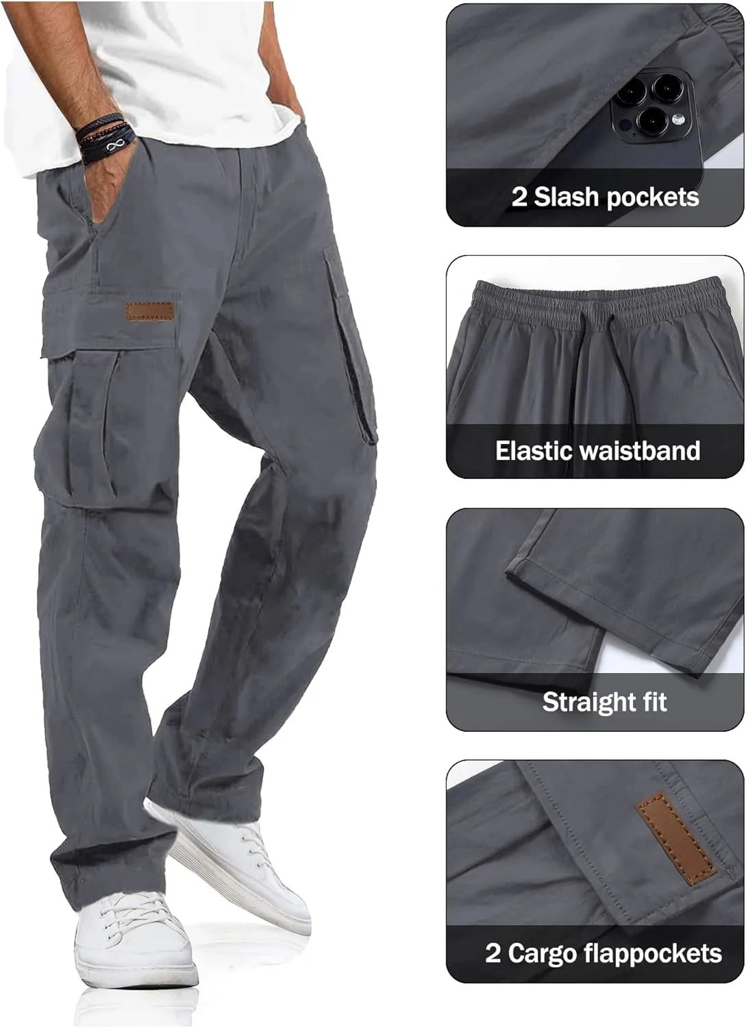 PLEPAN Men's Casual Cargo Pants Drawstring Hiking Pants Workout Tactical Joggers Sweatpants for Men