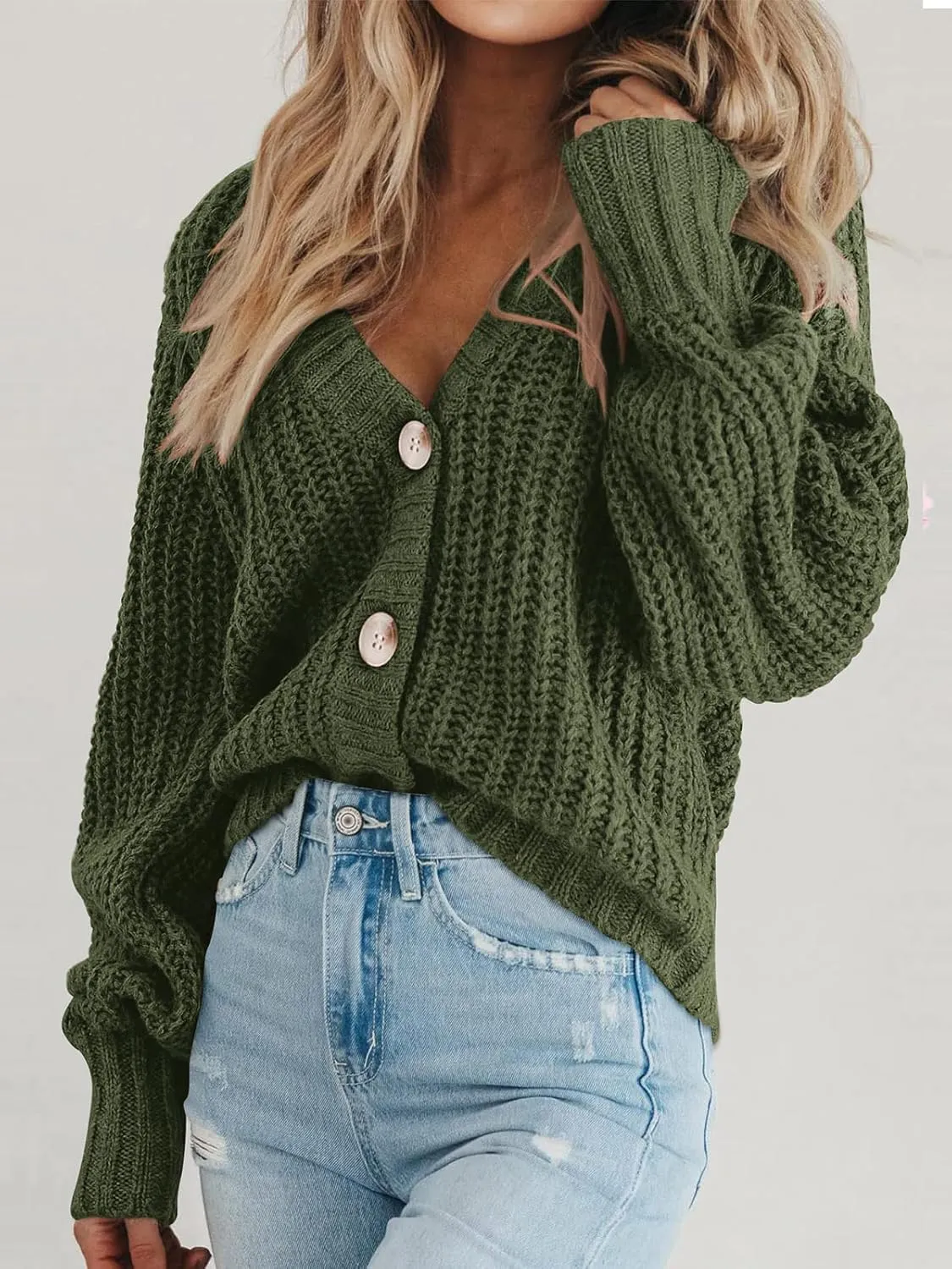 PRETTYGARDEN Women's Chunky Knit Open Front Sweater Long Sleeve Button Loose Short Cardigan Outerwear Coats