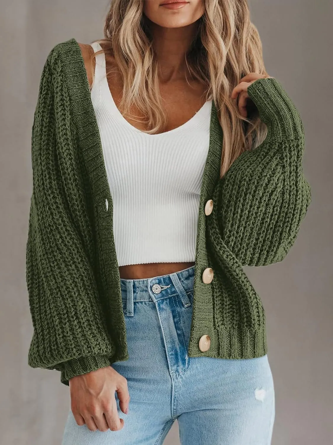 PRETTYGARDEN Women's Chunky Knit Open Front Sweater Long Sleeve Button Loose Short Cardigan Outerwear Coats
