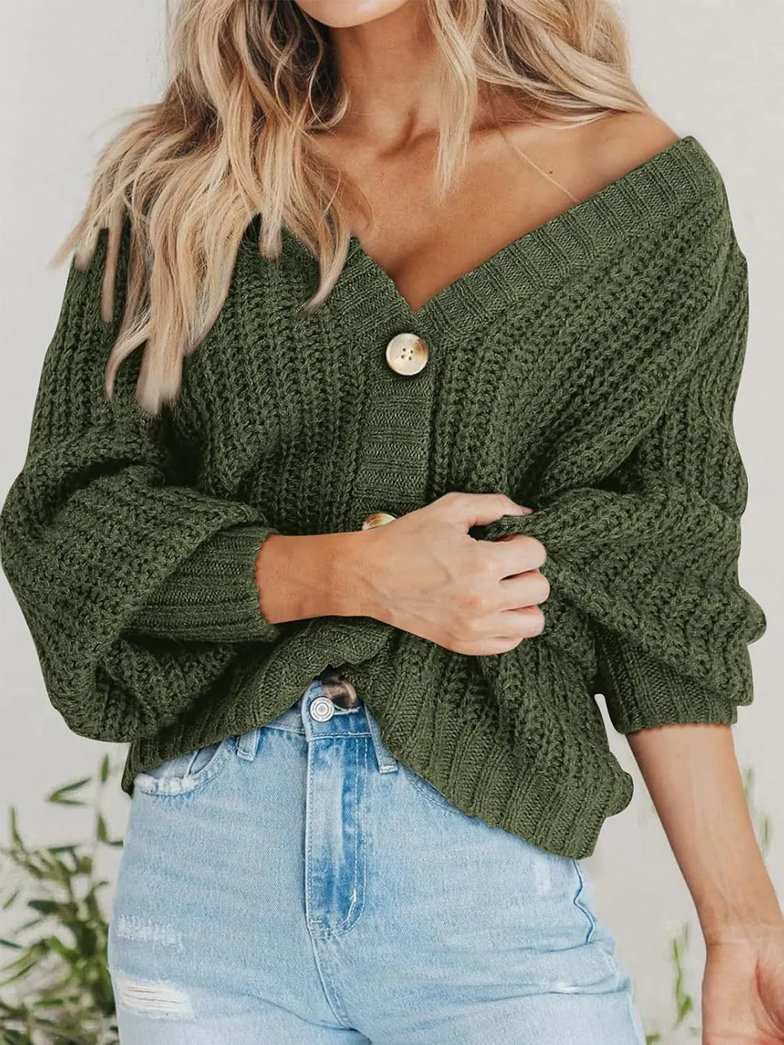 PRETTYGARDEN Women's Chunky Knit Open Front Sweater Long Sleeve Button Loose Short Cardigan Outerwear Coats