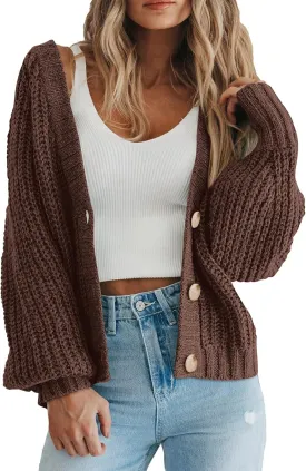 PRETTYGARDEN Women's Chunky Knit Open Front Sweater Long Sleeve Button Loose Short Cardigan Outerwear Coats