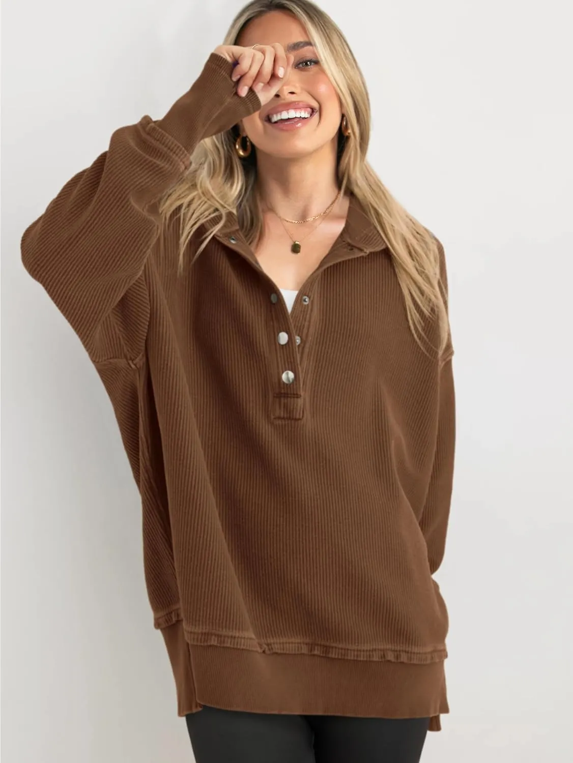 PRETTYGARDEN Womens Fashion 2025 Long Sleeve Hoodie Oversized Button Up V Neck Sweatshirt Side Slit Casual Pullover Tops