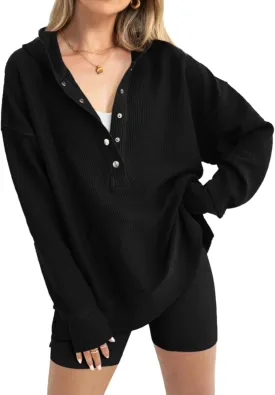 PRETTYGARDEN Womens Fashion 2025 Long Sleeve Hoodie Oversized Button Up V Neck Sweatshirt Side Slit Casual Pullover Tops