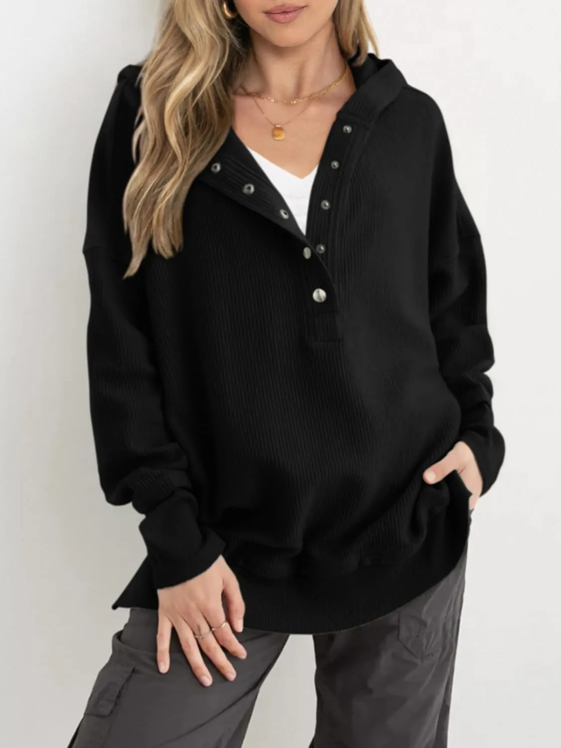 PRETTYGARDEN Womens Fashion 2025 Long Sleeve Hoodie Oversized Button Up V Neck Sweatshirt Side Slit Casual Pullover Tops
