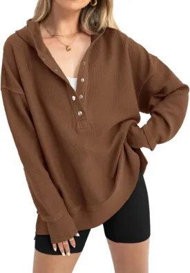 PRETTYGARDEN Womens Fashion 2025 Long Sleeve Hoodie Oversized Button Up V Neck Sweatshirt Side Slit Casual Pullover Tops