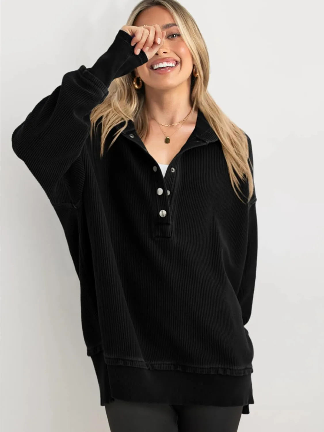 PRETTYGARDEN Womens Fashion 2025 Long Sleeve Hoodie Oversized Button Up V Neck Sweatshirt Side Slit Casual Pullover Tops