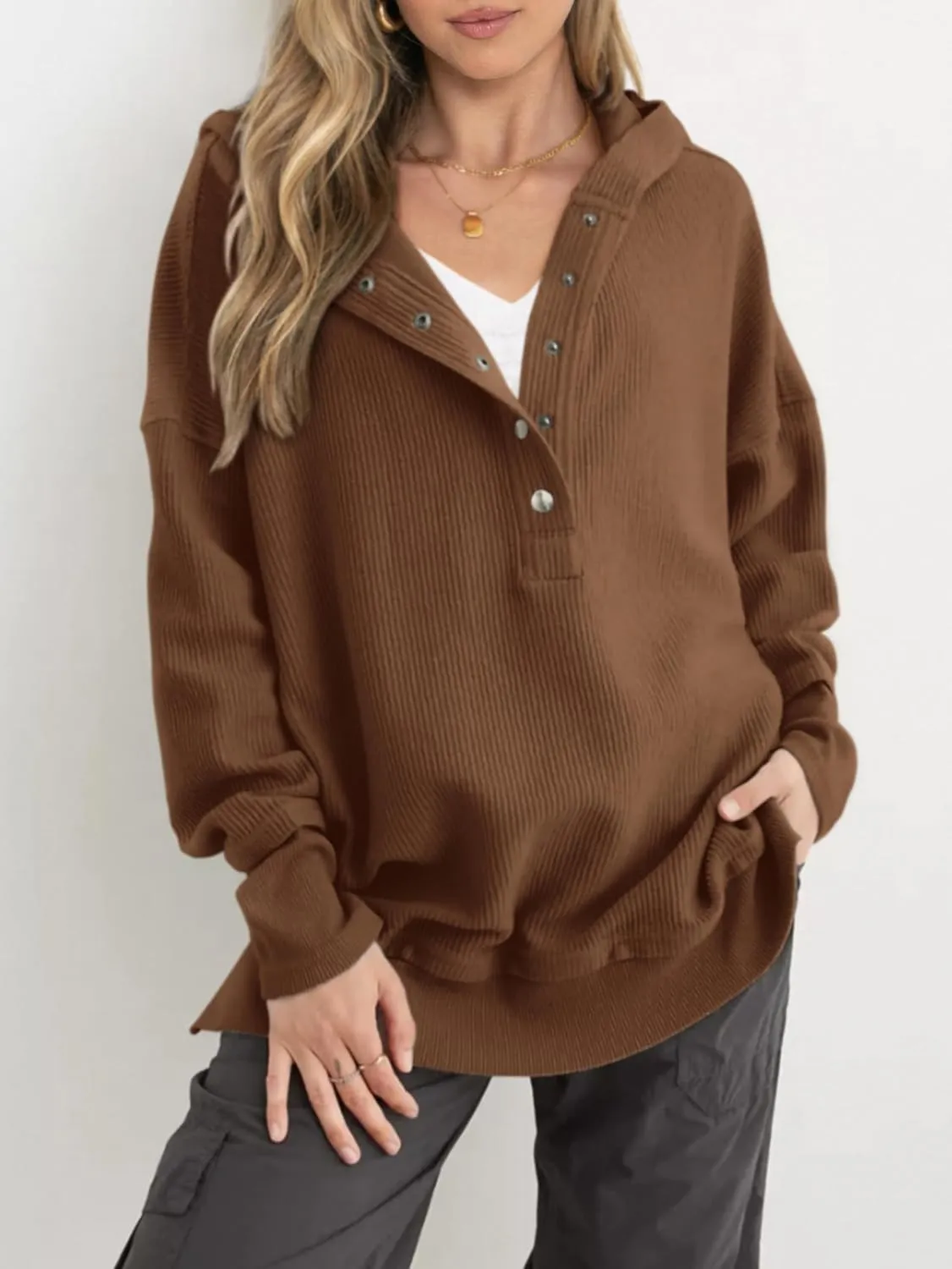 PRETTYGARDEN Womens Fashion 2025 Long Sleeve Hoodie Oversized Button Up V Neck Sweatshirt Side Slit Casual Pullover Tops