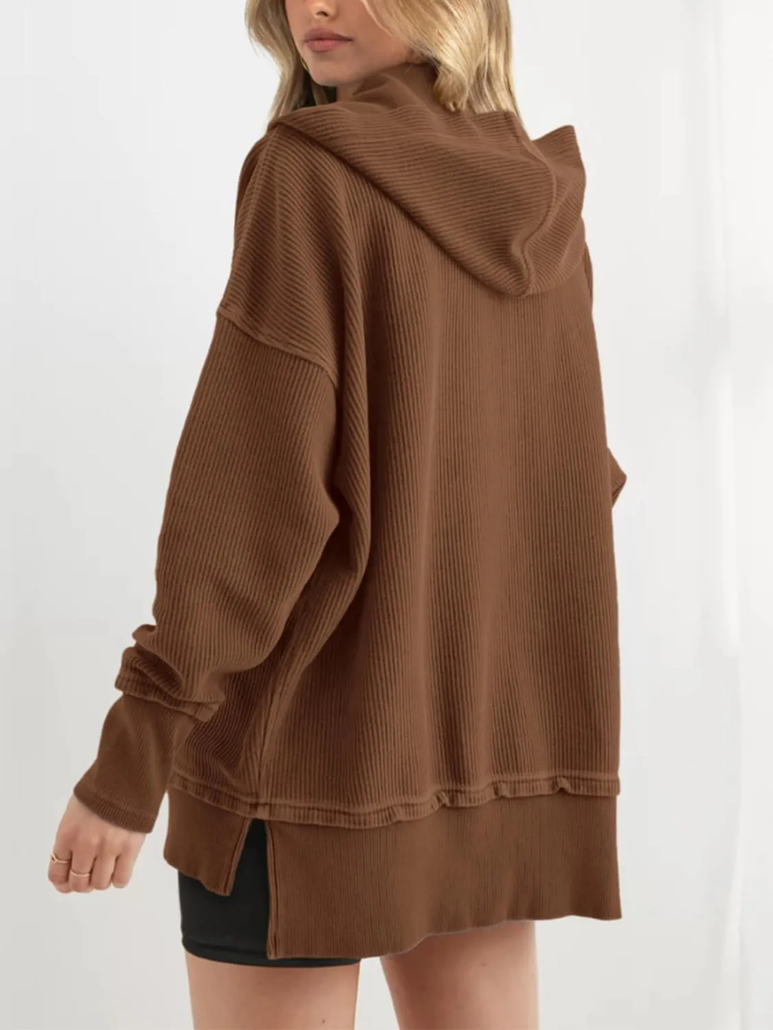 PRETTYGARDEN Womens Fashion 2025 Long Sleeve Hoodie Oversized Button Up V Neck Sweatshirt Side Slit Casual Pullover Tops
