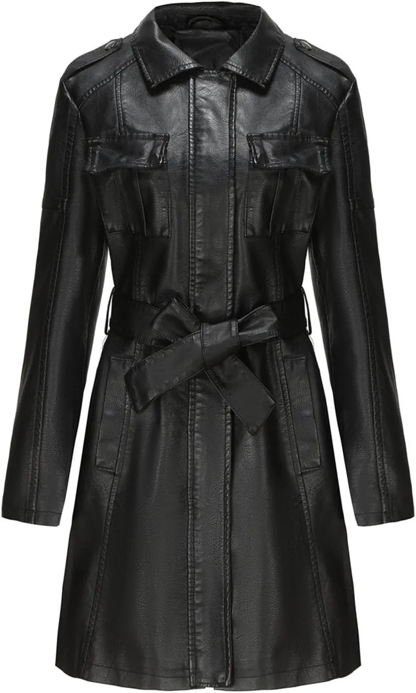 PTOLOCIF Womens PU Faux Leather Jacket Casual Lapel Long Suit Full Zip Windbreaker Fall Trench Coat Outerwear with Pockets
