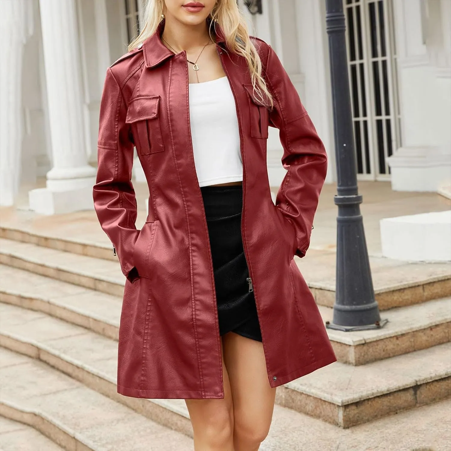 PTOLOCIF Womens PU Faux Leather Jacket Casual Lapel Long Suit Full Zip Windbreaker Fall Trench Coat Outerwear with Pockets