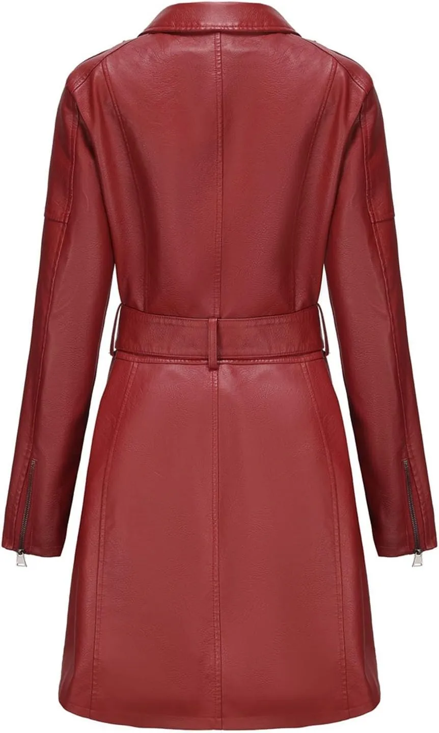 PTOLOCIF Womens PU Faux Leather Jacket Casual Lapel Long Suit Full Zip Windbreaker Fall Trench Coat Outerwear with Pockets