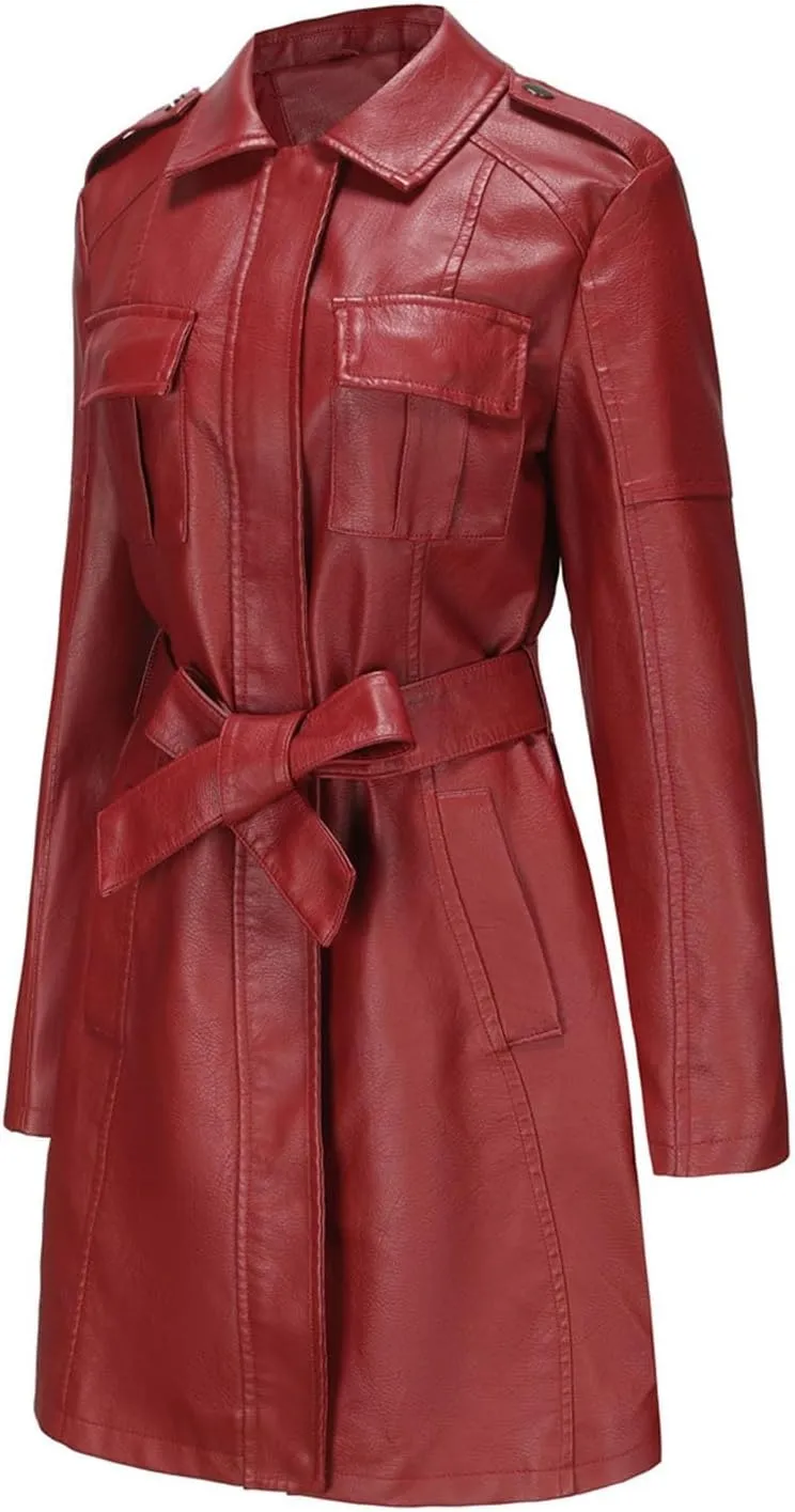 PTOLOCIF Womens PU Faux Leather Jacket Casual Lapel Long Suit Full Zip Windbreaker Fall Trench Coat Outerwear with Pockets