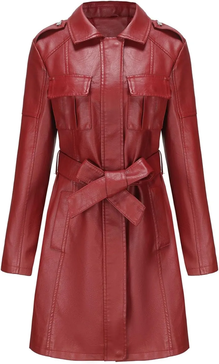 PTOLOCIF Womens PU Faux Leather Jacket Casual Lapel Long Suit Full Zip Windbreaker Fall Trench Coat Outerwear with Pockets