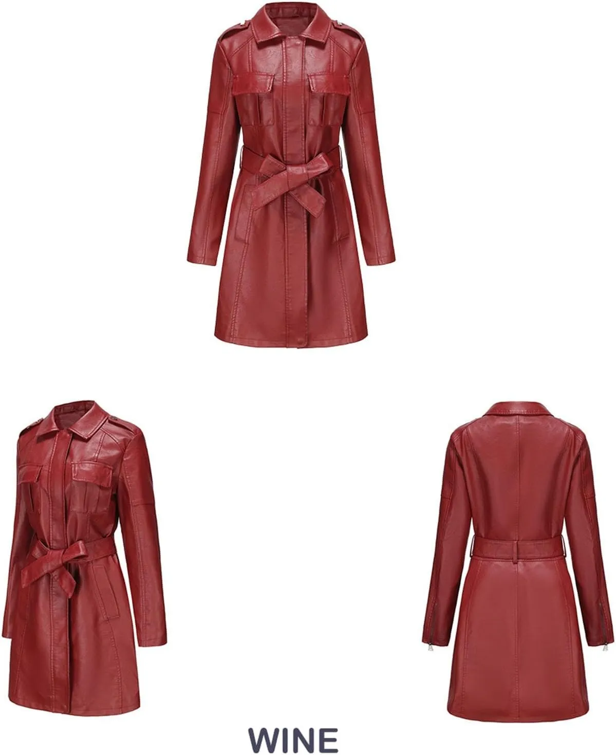 PTOLOCIF Womens PU Faux Leather Jacket Casual Lapel Long Suit Full Zip Windbreaker Fall Trench Coat Outerwear with Pockets