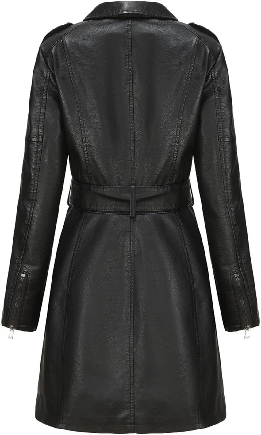 PTOLOCIF Womens PU Faux Leather Jacket Casual Lapel Long Suit Full Zip Windbreaker Fall Trench Coat Outerwear with Pockets