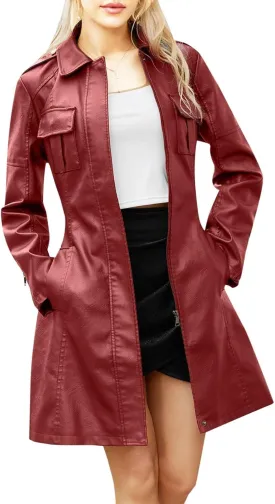 PTOLOCIF Womens PU Faux Leather Jacket Casual Lapel Long Suit Full Zip Windbreaker Fall Trench Coat Outerwear with Pockets