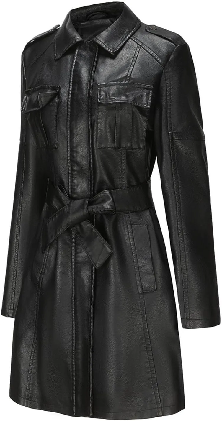 PTOLOCIF Womens PU Faux Leather Jacket Casual Lapel Long Suit Full Zip Windbreaker Fall Trench Coat Outerwear with Pockets