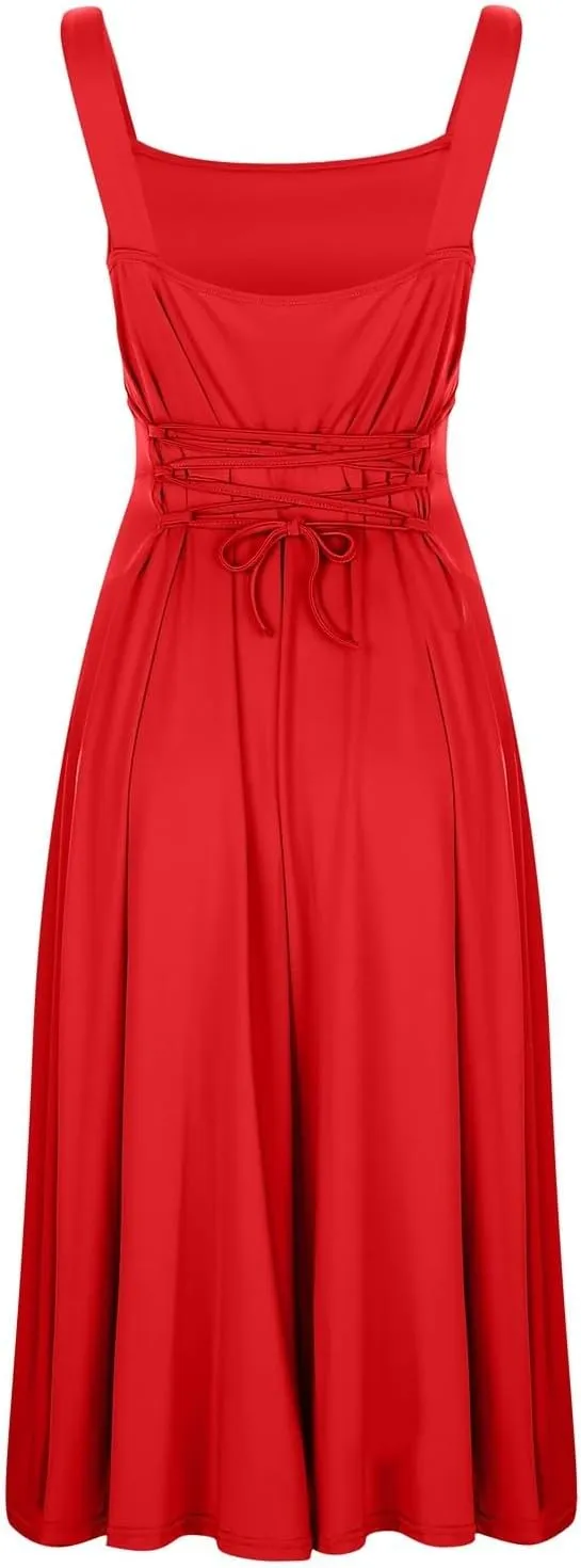 PTOLOCIF Women's Solid Color Thick Shoulder Strap Slim Fit Lace Up Waist Dress Casual Skirt Womens Beach Casual Dresses