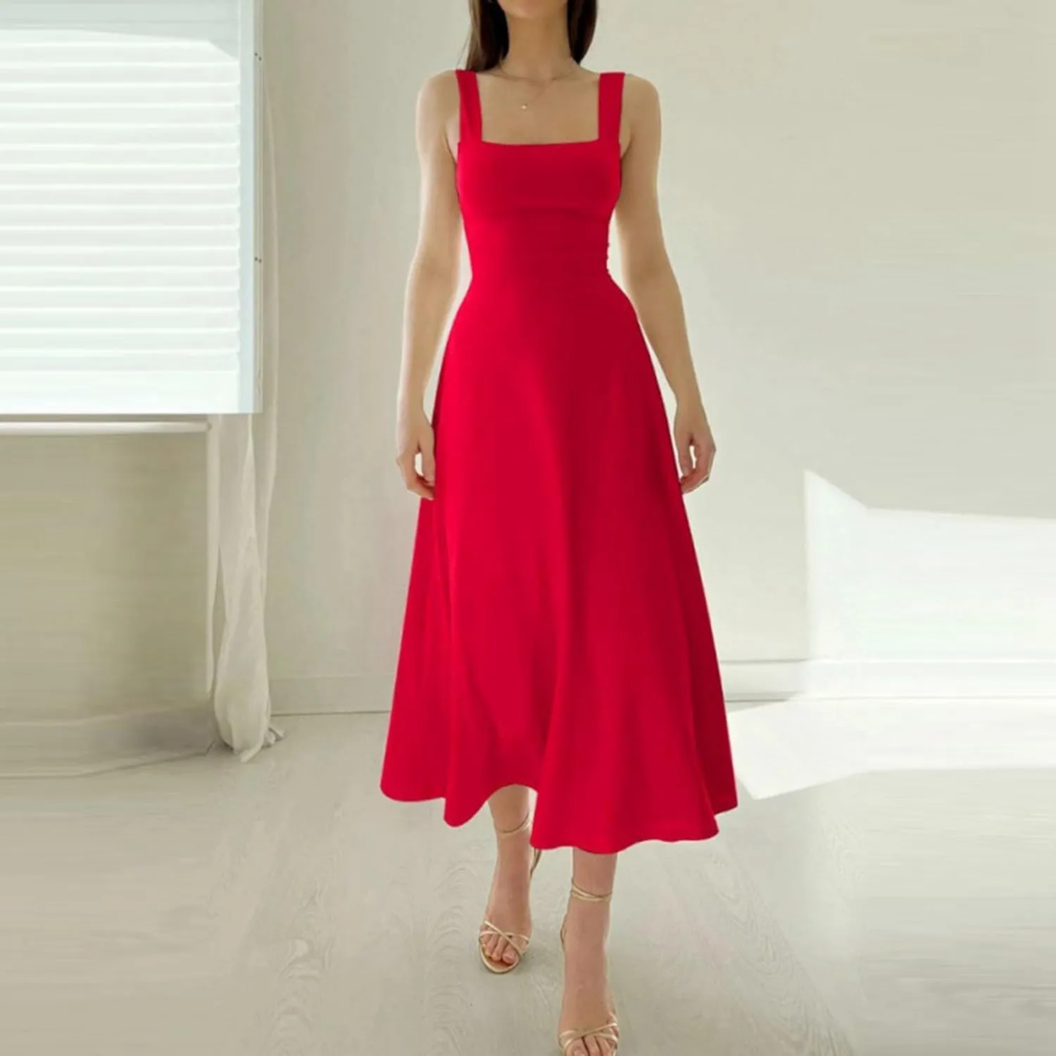 PTOLOCIF Women's Solid Color Thick Shoulder Strap Slim Fit Lace Up Waist Dress Casual Skirt Womens Beach Casual Dresses