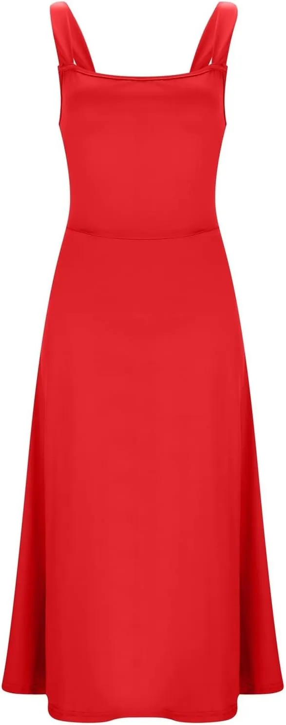 PTOLOCIF Women's Solid Color Thick Shoulder Strap Slim Fit Lace Up Waist Dress Casual Skirt Womens Beach Casual Dresses