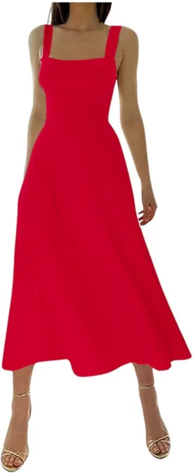 PTOLOCIF Women's Solid Color Thick Shoulder Strap Slim Fit Lace Up Waist Dress Casual Skirt Womens Beach Casual Dresses