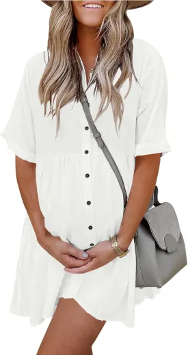 PYGFEMR Women's Short Sleeve Babydoll Dress Button Down Dresses with Pockets