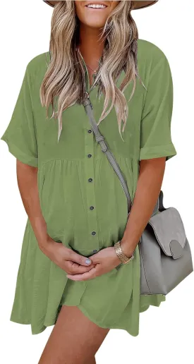 PYGFEMR Women's Short Sleeve Babydoll Dress Button Down Dresses with Pockets