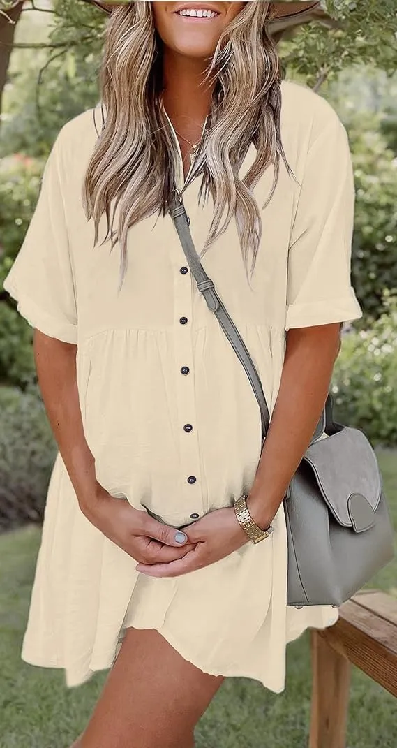 PYGFEMR Women's Short Sleeve Babydoll Dress Button Down Dresses with Pockets