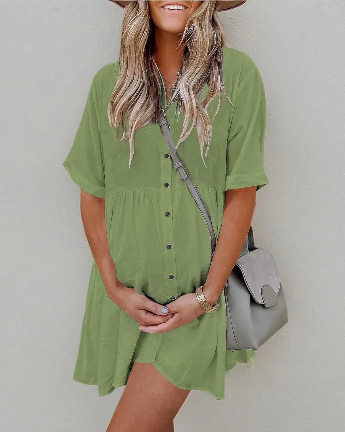 PYGFEMR Women's Short Sleeve Babydoll Dress Button Down Dresses with Pockets