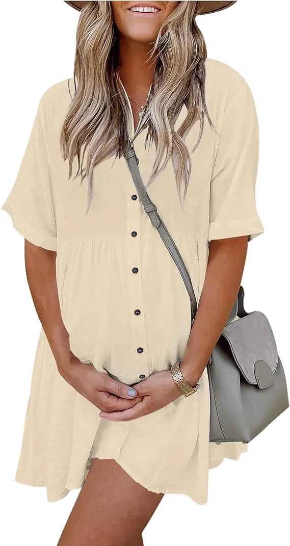 PYGFEMR Women's Short Sleeve Babydoll Dress Button Down Dresses with Pockets