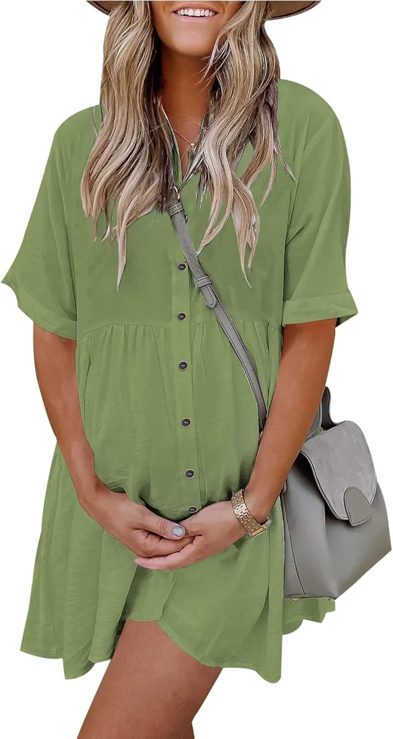 PYGFEMR Women's Short Sleeve Babydoll Dress Button Down Dresses with Pockets